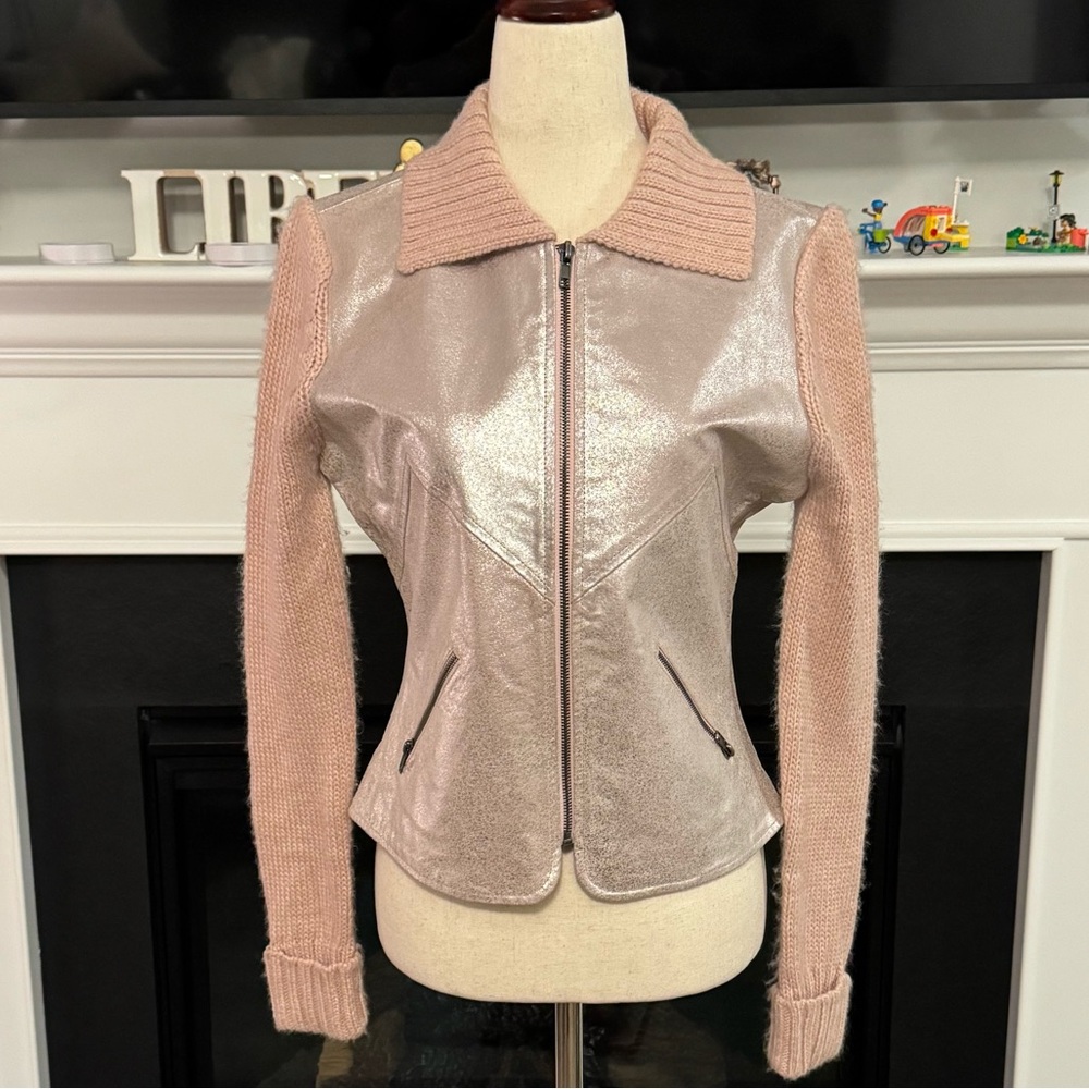 Phosphorus Metallic Genuine Leather & Knit Bomber Jacket – Size L